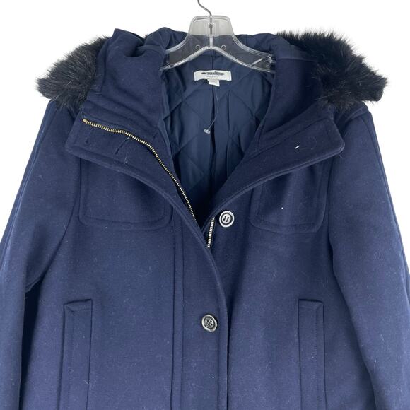 Ann Taylor Weekend Collection Faux Fur Trim Wool Duffle Coat Blue Size M - Picture 6 of 12